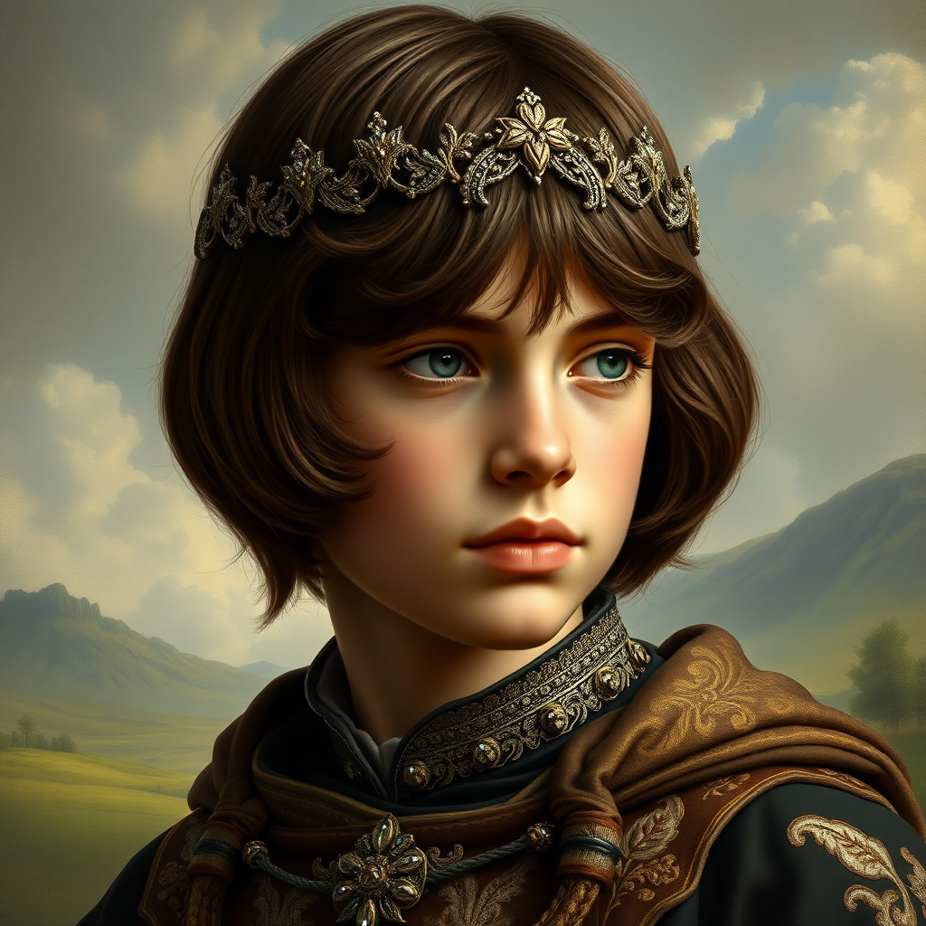 16yo teen boy prince, long bob cut, embroidered with gold and diamonds medieval cloths, diamond diadem, natural Skin Texture, and Beautiful War. Free style by 15% Adolphe William Bouguereau, Academic realism and 5% Sandro Botticelli, early Renaissance and 80% Otto Lomüller, Boy Scout photorealism. The background is in the style of landscape style by Antonio del Polaiolo, Generating the signature at the bottom: FluxBach, ultra high resolution, 16K,