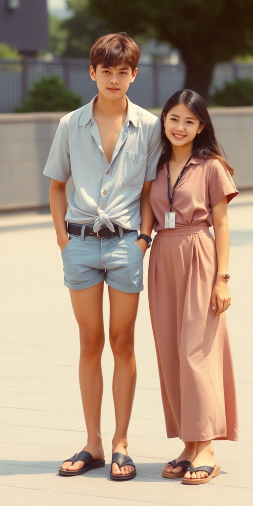 Vintage photo, 1980s. Hot summer. Japan. Tall 14yo teen boy wearing knotted shirt, tight booty shorts, long legs, bare thighs. With a girl wearing shirt, long skirt. Full length view.