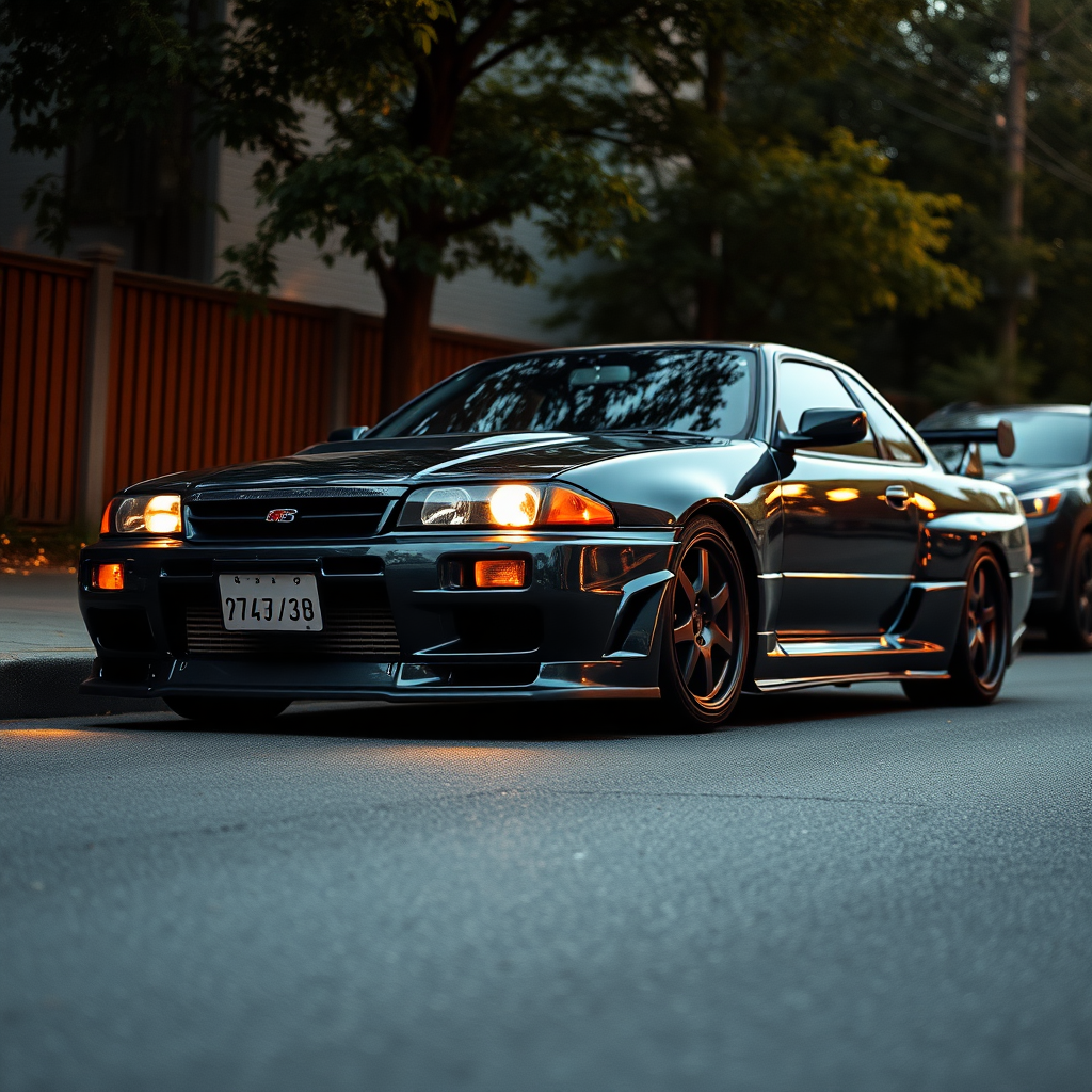 the car is parked on the side of the road, inspired by Taiyō Matsumoto, tumblr, restomod, nd4, c4 metallic shine nissan skyline r34