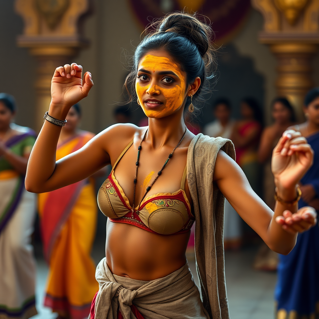 A skinny, 30 year old Indian wife with hair bun, wearing a bra, skirt and a short towel on her shoulder. Her face is covered with turmeric face mask. She is dancing in a palace party.