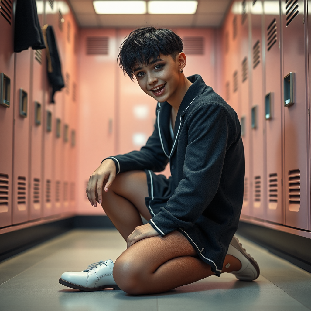 photorealistic, ultra high resolution, 16K, surreal fantasy, soft studio lighting, a pretty 17 year old goth male, slim male physique, short dark hair, blue eyes, goth makeup, earrings, sheer pantyhose, UK girls-school uniform, Mary-Jane shoes, kneeling on the floor of the locker room looking up at the camera, excited open mouth smile, drooling saliva, facing the camera.