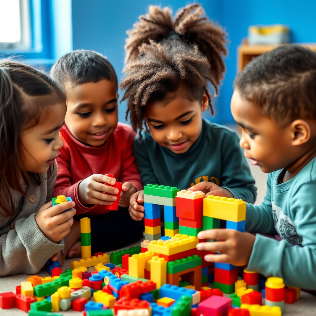 A group of 5 children playing with toy building blocks, all from different races like Chinese, African, Italian, etc., aged 10, in a room that has blue color walls.