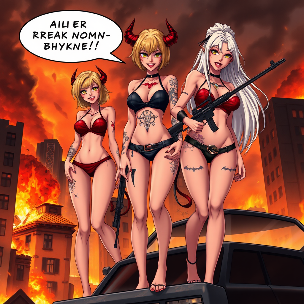 Anime, city on fire background, 3 mischievous tall-slender demon women, 1 has tattoos, short blond hair, wearing sexy-micro bikini-bra-like clothing, micro g-string bikini, Womb tattoo on belly, mischievous wicked smile, large breasts, full body, long legs, looking at viewer, speech bubble with a burning city, holding rifle, a building crumbling and exploding, 1 woman has long-white hair and is standing on top of a car.