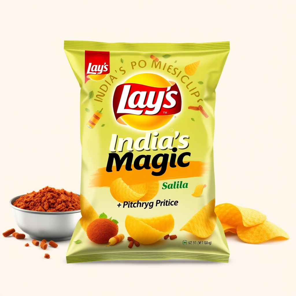 Redesign lays chips India's magic masala packaging template with Indian spices and Lays logo. Simple design eliminates patchy clips, and "India's Masala Magic" is written on it.