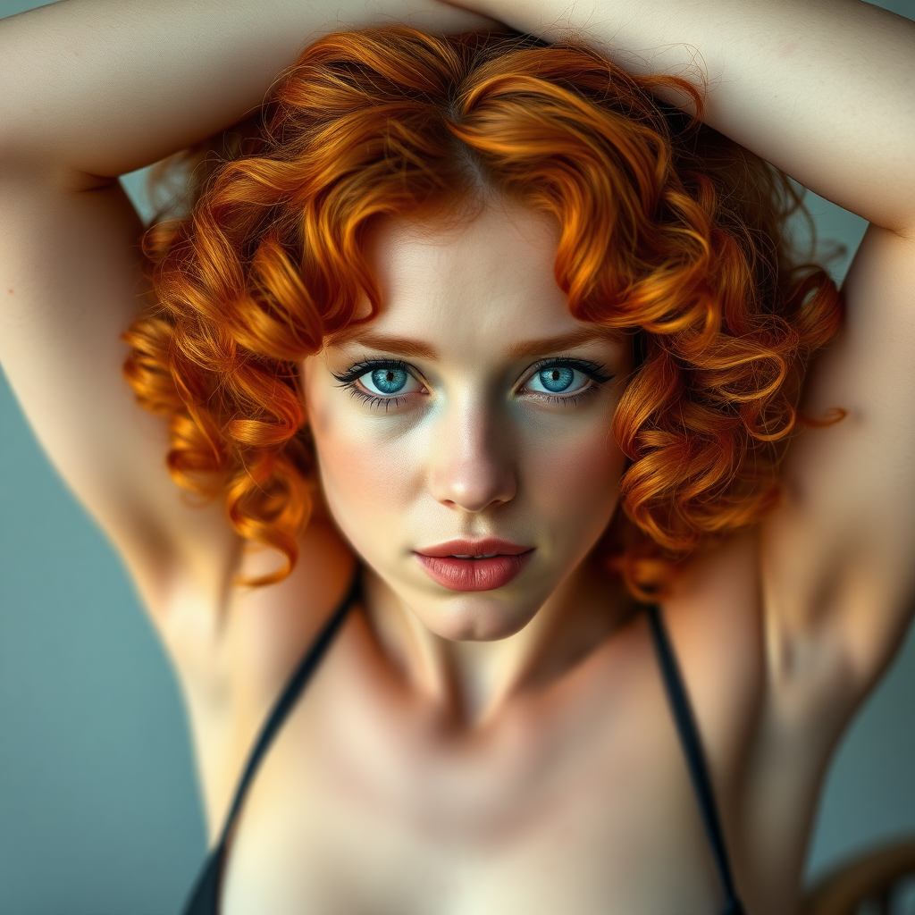 Photograph of a beautiful, pale skinned, lightly freckled woman with volumized, curly red hair and crystal blue eyes. She's got a stunning figure and is facing the viewer with her arms up over her head.