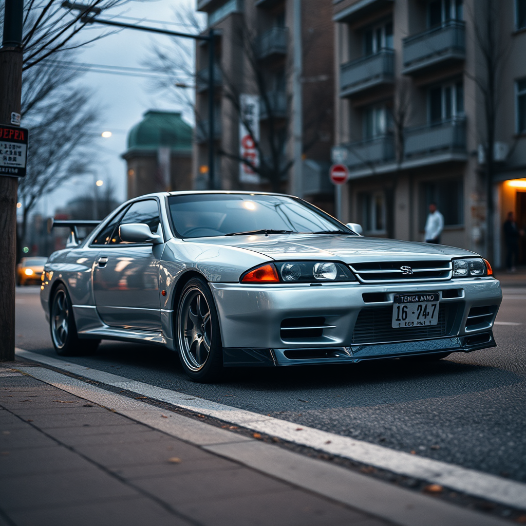 the car is parked on the side of the road, inspired by Taiyō Matsumoto, tumblr, restomod, nd4, c4 metallic shine nissan skyline r34 kalabalik tokyo gece arkaplan