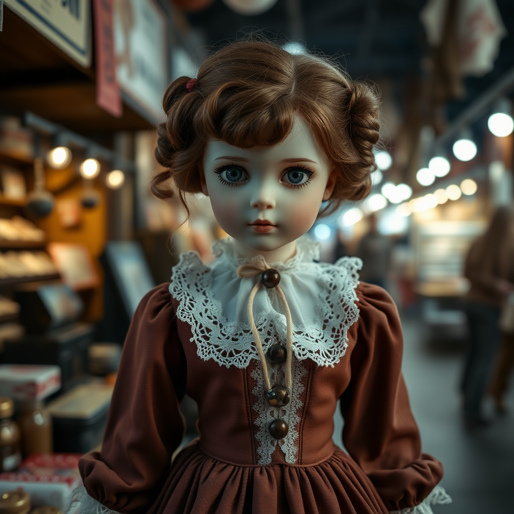 a young porcelain doll in flea market wearing a Victorian dress, artist doll, bjd, cinematic still, high quality photo, hyperrealism, by klimt, intricate environment, ultra-detailed cinematic shot, impressionistic, dynamic composition