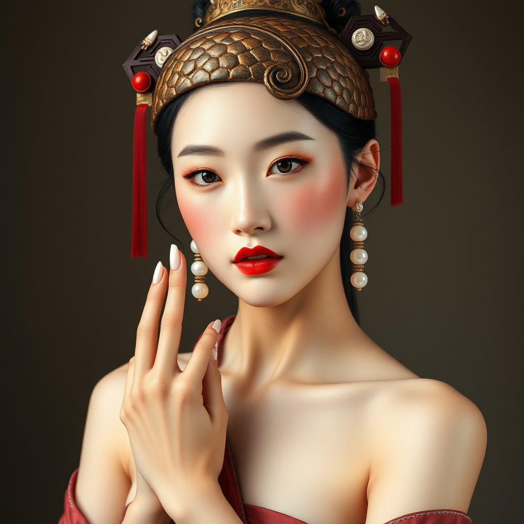 A Chinese ancient woman is wearing silk shoes. On her head is tortoiseshell jewelry. Around her waist is a plain silk strap. She has earrings made of moon pearls. Her fingers are extremely slender and white, just like sharpened scallion roots. Her lips are rosy red, as if she has vermilion on them. Vividly presenting her beauty, elegance, and dignity. The image should be highly realistic, with fine details and lifelike textures. The colors should be natural and vivid, enhancing the overall sense of authenticity. nude.