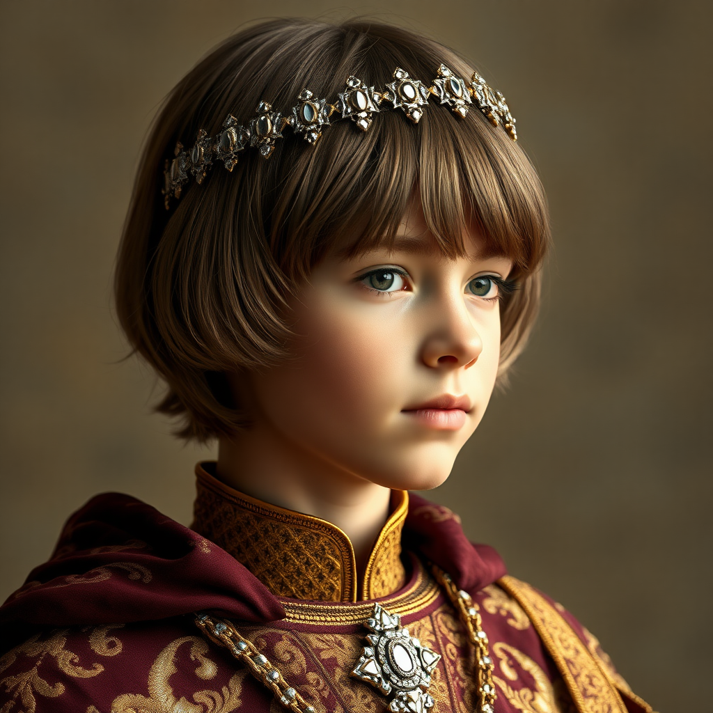 teen boy prince, long bob cut, embroidered with gold and diamonds medieval cloths, diamond diadem. photorealistic, ultra high resolution, 16K,