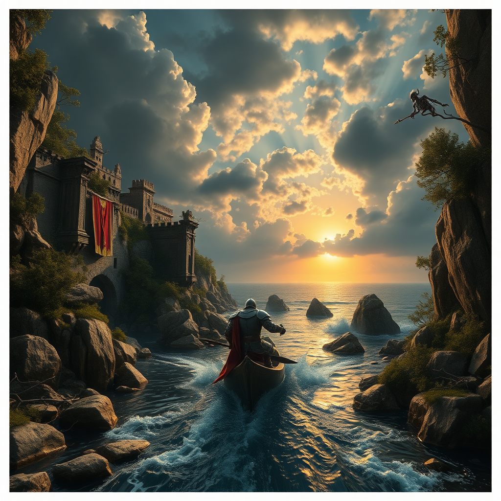 an epic cinematic low camera angle movie matte painting of a wounded knight navigating a precarious river surrounded by interesting rock formation tal cliffs with ruins, foliage, trees, hanging vides and sporadic dead skeletons and armor from dead warrior from a long ago battle, in the background the ocean in a sunset with a big sun and dramatic clouds