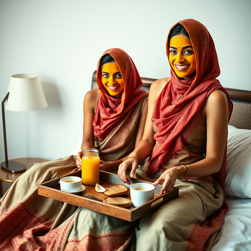 slim, 30 year old, sexy, 2 indian wives, scarf head, turmeric face mask. They are smiling and serving breakfast on a tray on bedside table