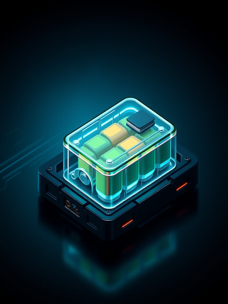 Make an image with realistic and precise expressions, express a secondary battery cell, make it in isometric view, and express the background in cybernetic and luxurious dark blue.