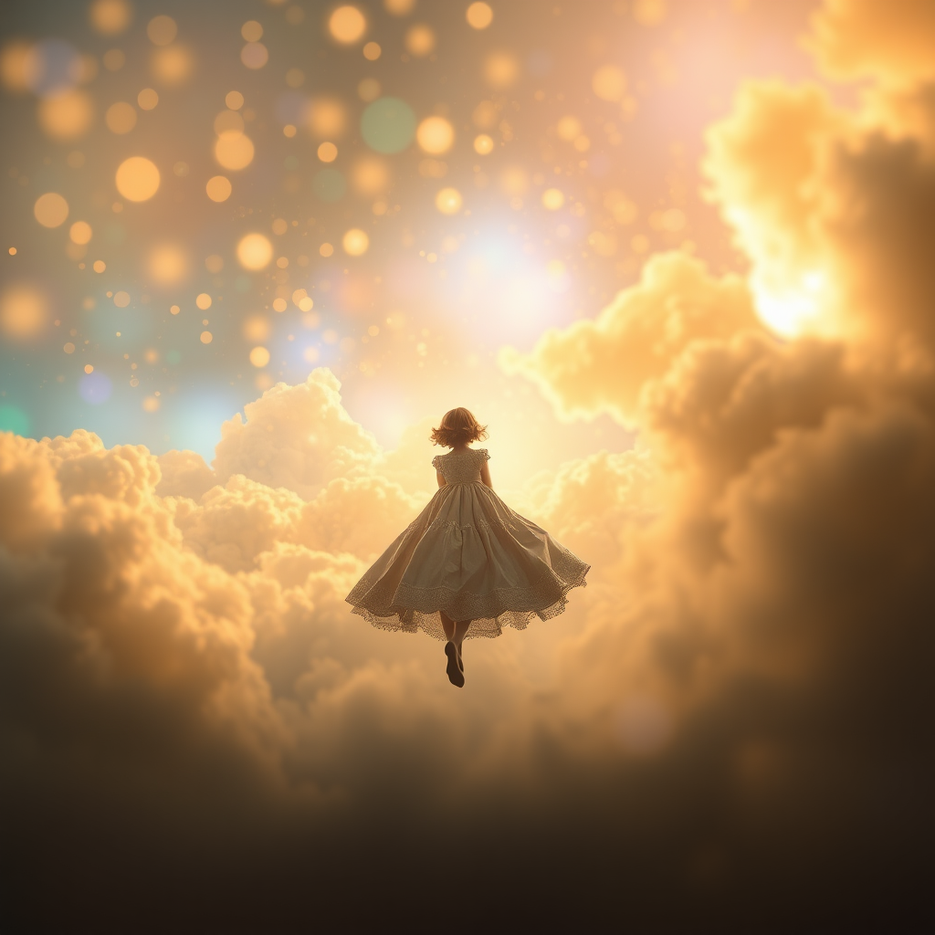 mandelbulb clouds, Low Key Lighting, dreamscape, nebula, Bokeh, abstract, brilliant colors, glittering, translucent, iridescent, glowing, artistic photo, panoramic, airy, original, experimental, fractal, generative art, calm, cinematic shot, opal, gold, preteen girl floating in a distance, in Victorian dress