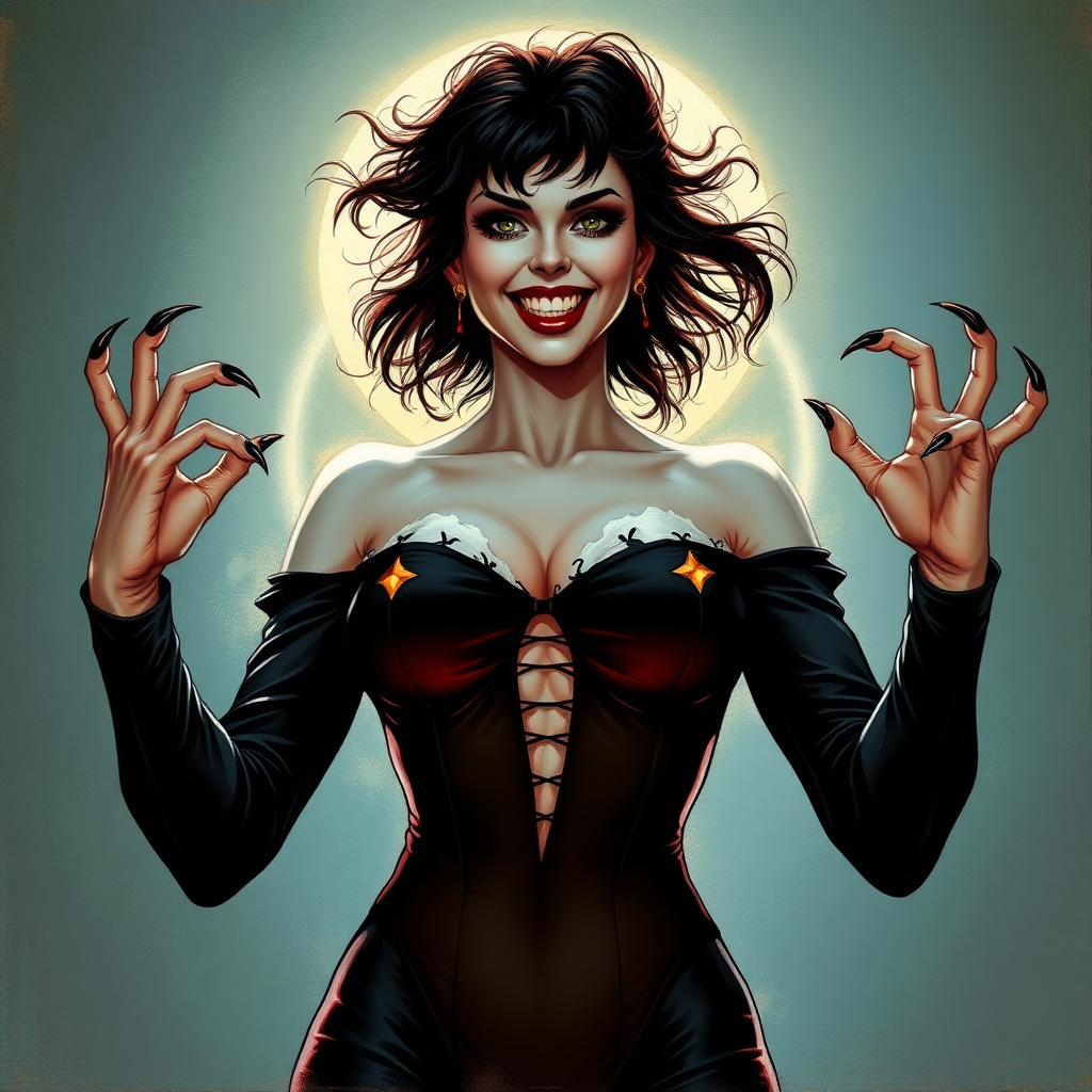 Vampirella smiling wickedly with both arms up and curved into claws. Her thin fabric bodice is torn and her hair is messy. The scene is lush with the art styling of Linda Ravenscroft.