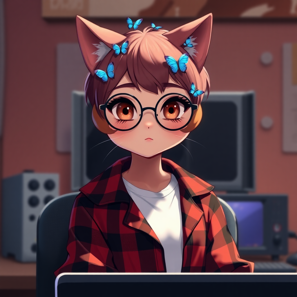 female cat-man without breasts/flat chest serious chestnut color with small blue butterflies on top of the head, a round head, with a mauve UNDERCUT hairstyle, hazel eyes, dimples on the cheeks, chubby cheeks, wearing semi-round glasses, a red and black checked open shirt with a white t-shirt, in front of a desk with a gaming PC, in digital art