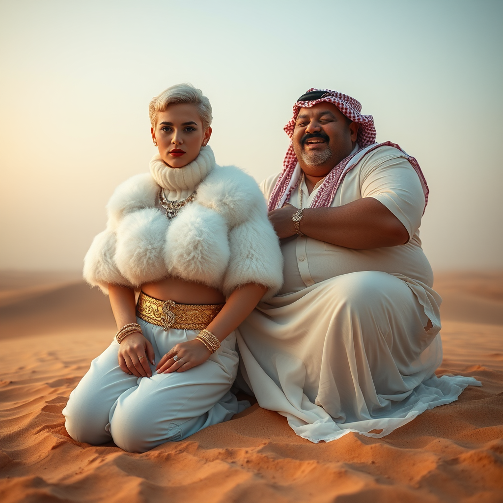 Kuwait desert dunes misty dawn: Melissa, European 17 years old very convincing femboy “trophy-bimbo”, tamed servile docile, very beautiful feminine flawless face, rather short boyish figure, platinum blond short tight curls, bold red lips, heavily made-up face, wearing Supertanya-style fluffy very fuzzy bright white angora turtleneck-poncho cropped ending under bust decorated with pearls and gemstones, striking oriental wide gold bridal protection belt, white fully transparent harem pants, full Oriental bridal jewelry with striking headpiece, full Oriental face-jewelry, striking diamond “$$$” letter brooch on left chest, pout frustrated, hands tied behind back, kneeling in sand, looking at camera. Focus on face and turtleneck-poncho. Sitting next embracing Melissa: older overweight mighty sheik laughing.