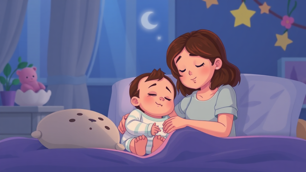 A mother trying to put a little baby to sleep in night animation.