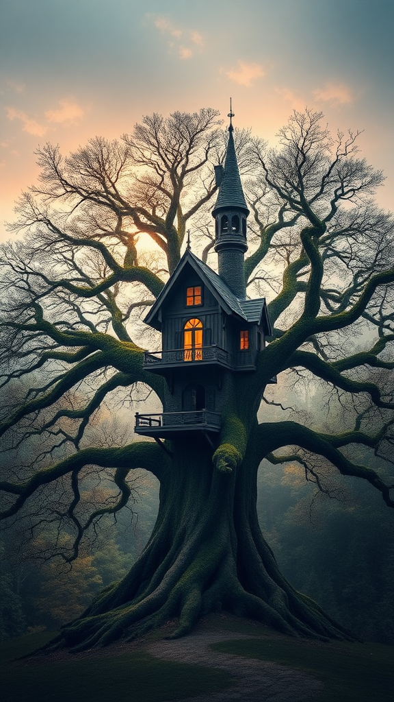 Create an aesthetic wallpaper for my phone, it should be of a magical tree with a tree house in it established in a wizarding world. Make it aesthetic.