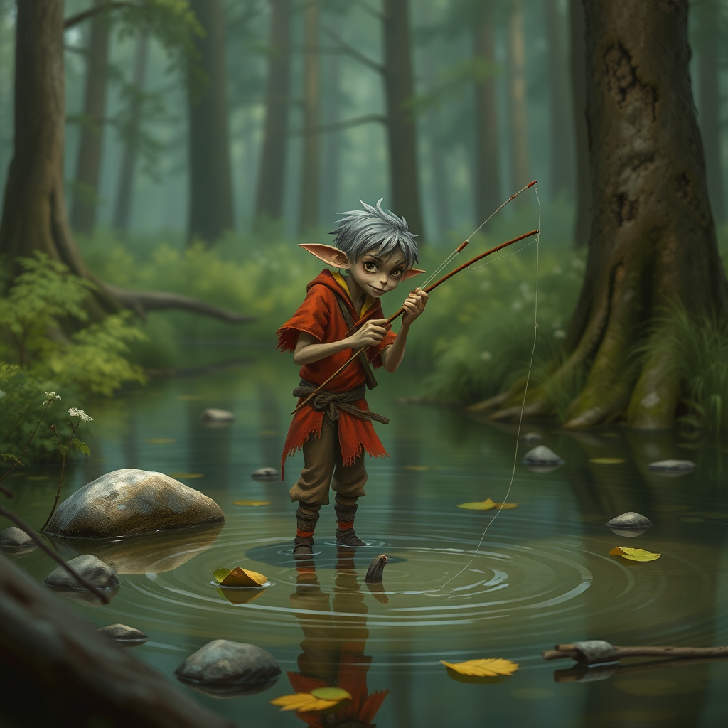 A small, skinny kobald in a tattered red tunic and dirty brown pants fishing in a small forest pond