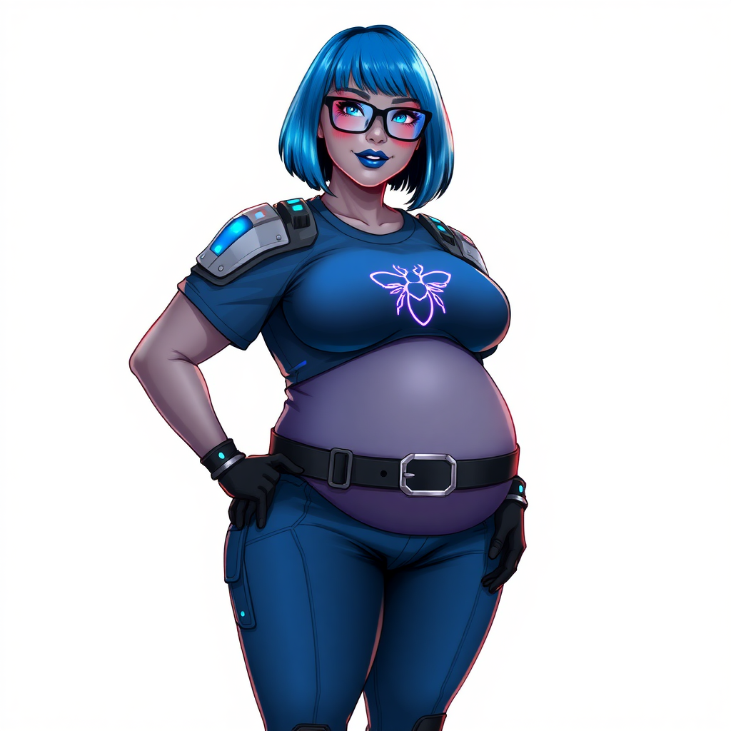 A 28-year-old, full-figured, Middle Gray skinned, computer program hybrid with a maximum blue bob cut. She has a clearly, non-athletic, full-figured build, highlighted by a prominent, round, large midsection (with heavy emphasis on her large belly). As the full-figured, nerdy, digital sidekick to her cyberpunk vigilante boyfriend, her metallic middle gray skin and maximum blue lipstick emphasize her digital nature. She wears a digital, computerized costume, consisting of a huge, tight-fitting, maximum blue t-shirt with a neon blue glowing chest icon of a beetle, hi-tech shoulder pads with neon blue glowing accents, a black hi-tech belt with a digital neon blue glowing buckle, digital maximum blue pants with neon blue accents, and black hi-tech gloves with neon blue glowing accents. Her bright blue eyes, black eyeglasses with neon blue glowing lenses with a built-in HUD, and shy smile with neon red blush accentuate her nerdiness. She stands bashfully with one hand behind her back and the other hand gently touching her cheek, her costume covering all her skin and emphasizing her full-figured physique (especially her belly). She is clearly non-athletic, with a heavy focus on her large belly. Despite her build, she radiates beauty. She has a slim face compared to her physique, accentuating her radiant beauty. She is on a solid white background. She is drawn as if she were in a retro 2D cyberpunk fighting game.