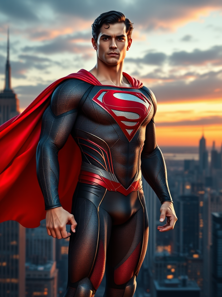 Generate a full-length image of Superman with the body traits of Silk from Marvel Comics, retaining his original head and face. Emphasize a lean, agile torso with enhanced flexibility and web-like patterns subtly integrated into his classic costume. Incorporate Silk's hood and web-shooters as embellishments. Set the background in a hybrid Metropolis and New York City skyline at dusk, with both iconic buildings and web-like structures.