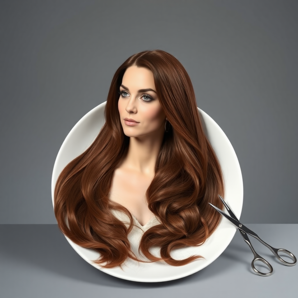 In a strikingly surreal scene, a beautifully crafted porcelain plate holds the disembodied head of a graceful Kate Middleton, her long, flowing hair cascading around like a luxurious waterfall of silky strands, shimmering in various shades of deep chestnut. Each hair seems to catch the light, creating an almost ethereal glow. Nearby, a meticulous hairdresser, dressed in a sleek black apron, carefully snips away at Kate's locks with precision scissors, their actions fluid and deliberate, emphasizing the delicate artistry of the moment.

The setting boasts minimalist decor, with a plain gray background that heightens the focus on this bizarre tableau. Soft shadows play across the smooth surface of the plate, enhancing the haunting beauty of Kate's serene expression, which conveys both elegance and an uncanny sense of stillness. The atmosphere is a blend of surreal calm and unsettling intrigue, pulling the viewer into a dreamlike space where reality and imagination intertwine. Gentle noises of scissors softly clipping away hair are the only sounds in this peculiar yet captivating scenario, heightening the tension and drawing viewers into this striking juxtaposition of beauty and the bizarre.