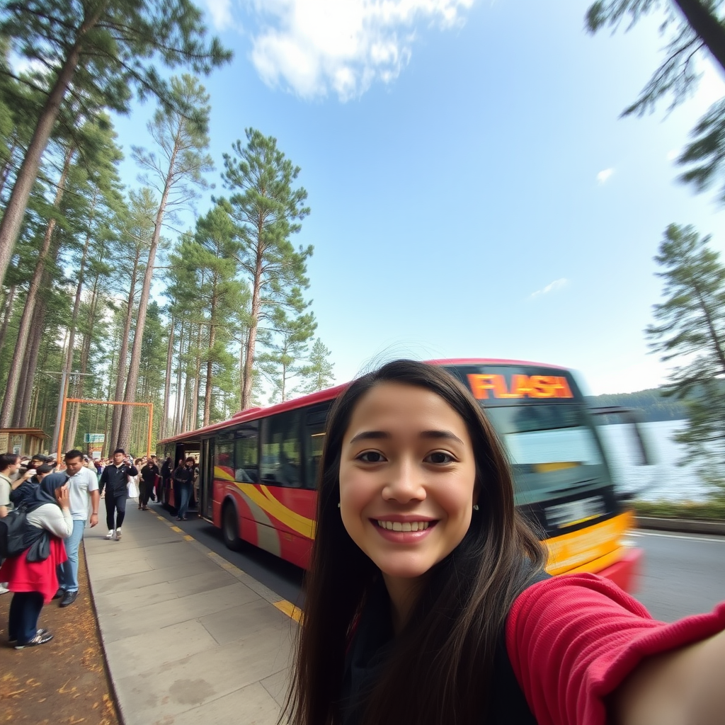 natural selfie from below of a girl at a crowded bus stop near a lake in the forest, speeding burning bus labelled "FLASH" in the background