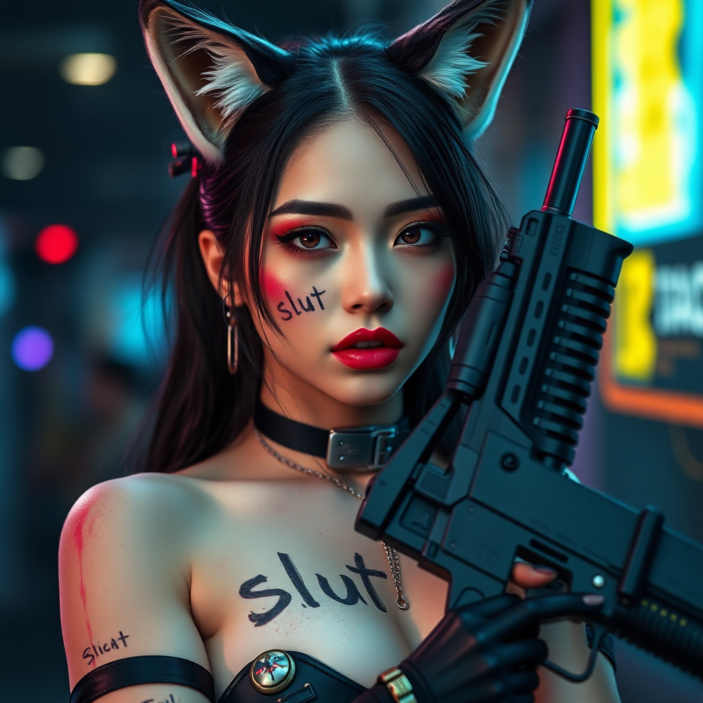 Real life photo of a cyberpunk waifu, she has “slut” written on her skin with lipstick. She is holding a big gun, she has fox ears, tiny metal nipple covers.