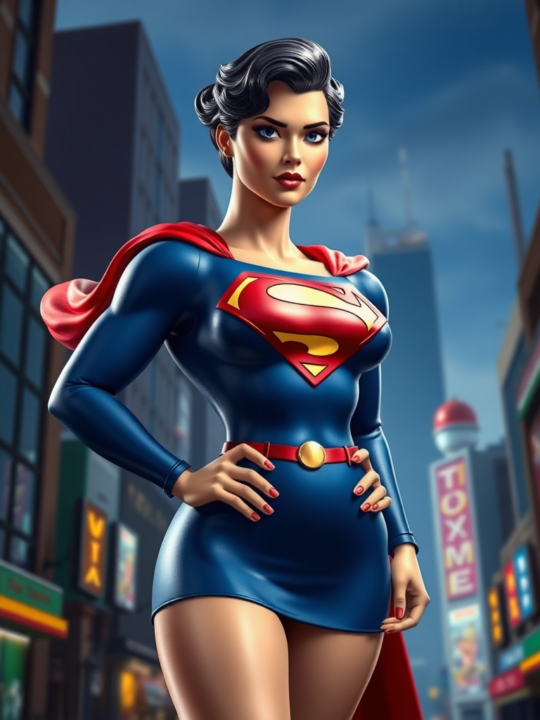 Create a full-length rendered image combining Superman's head, face, hairstyle on Jessica Rabbit's voluptuous body. Adapt Superman's iconic costume to fit the new curvy physique, incorporating glittery accents inspired by Jessica's dress. Adjust cape, boots, emblem for feminine proportions. Blend Metropolis skyline backdrops with Toontown's colorful, exaggerated architecture. Maintain Superman's strong jawline, blue eyes, characteristic curl. Pose figure dramatically, showcasing both heroic strength and sensual allure. Ensure seamless integration between head and body, with natural-looking transitions. Illuminate scene with dynamic lighting, emphasizing the figure's curves and muscularity.