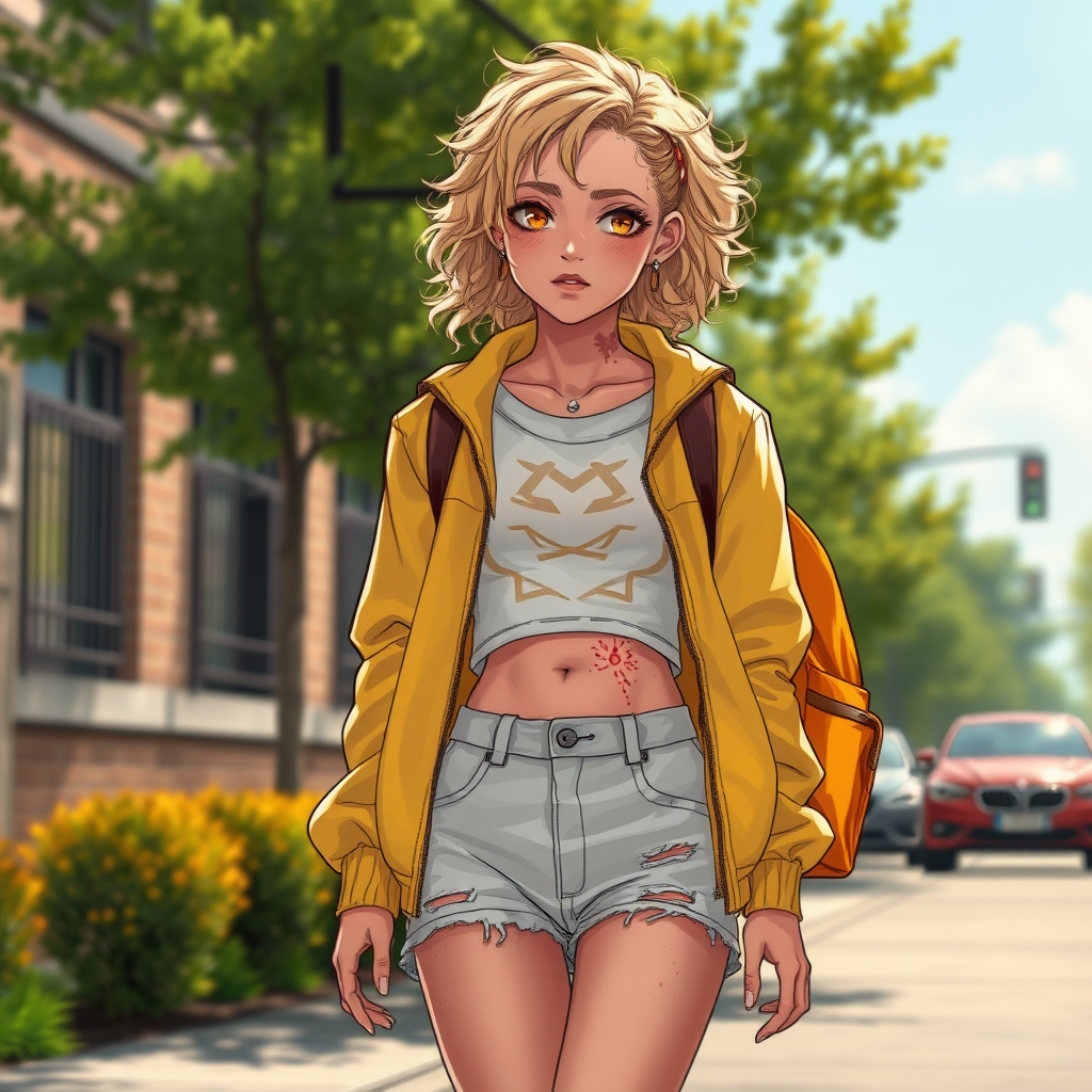 Realistic drawing style image, Extremely good quality 8k resolution drawn manga image of a 15 year old petite and short tomboy girl with golden blonde curly hair with mixed and different colored eyes for each eye and moles on her entire body and is a white American girl, Has on a Gold Jacket over a white extremely short crop top only covering her breasts and nothing more with a design on it, and has on ripped shorts and cool looking sneakers and a deep and big knife cut wound on her stomach from a huge injury she had, with a bright color backpack, ear piercings on, walking on the street to school in the morning with the beautiful sunlight lighting up her body beautifully with no tattoos.