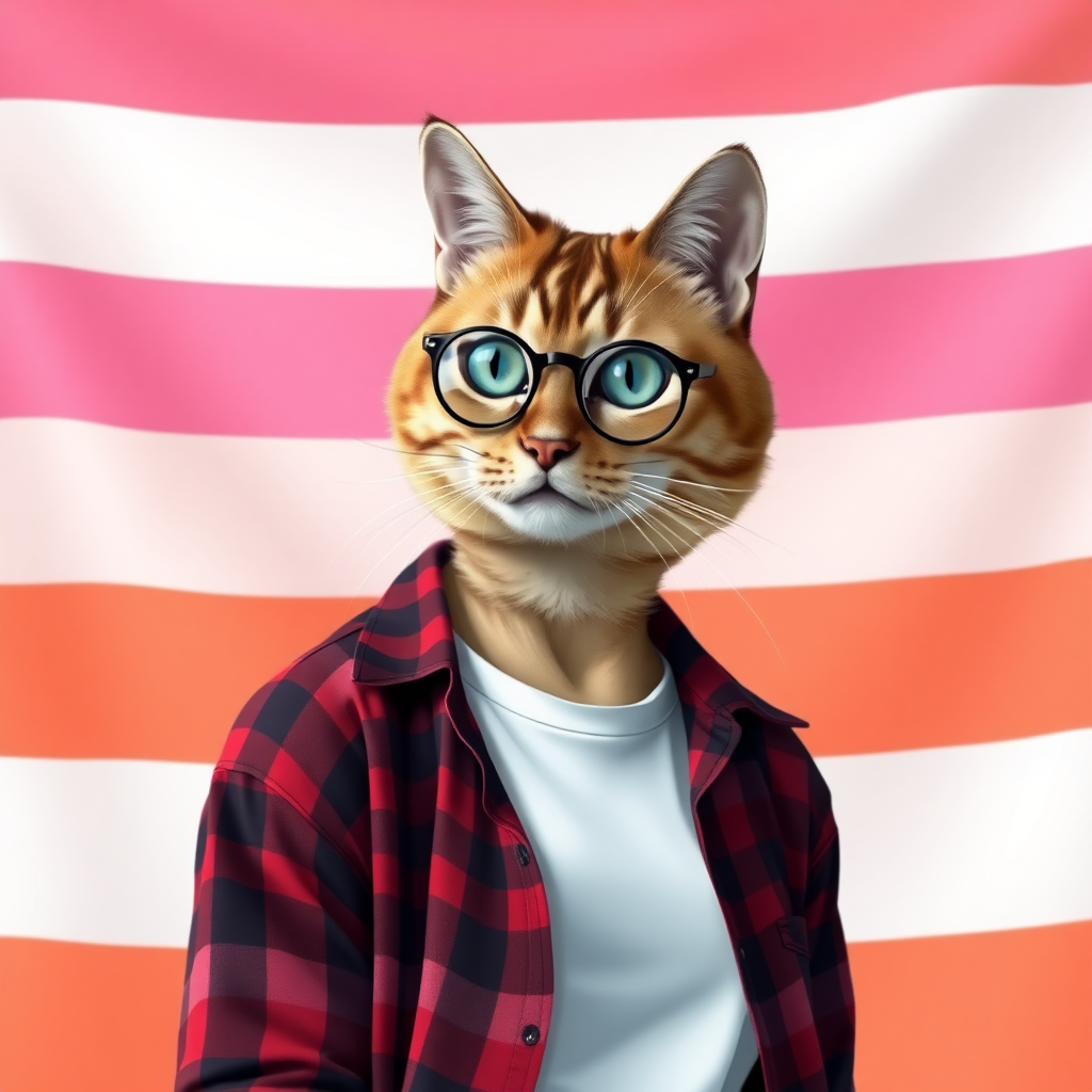 female cat-man with chestnut color, behind, a flag with horizontal stripes in pink/light pink/white/light orange/orange, colors in that order, wearing semi-round glasses, an open red and black plaid shirt over a white t-shirt, in digital art