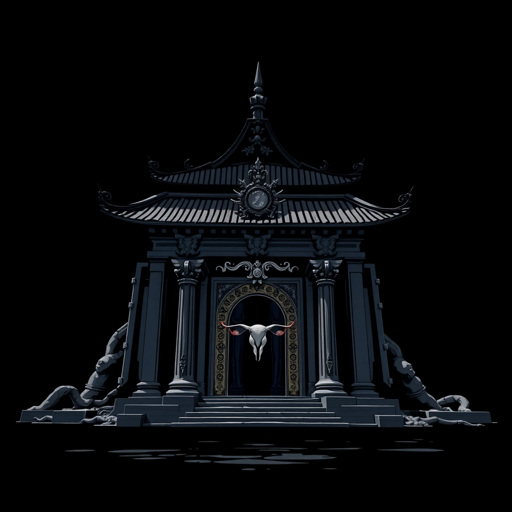 Anime, black background, a large temple, the entrance looks like a female reproductive system.