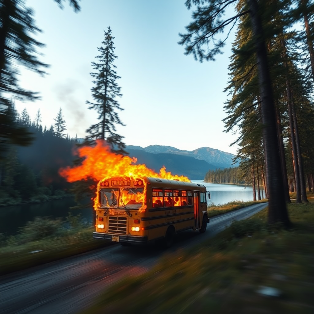 burning bus speeding through a forest to a lake