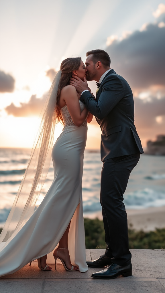 In the background, the bride and groom are elegantly dressed, she in high-heeled shoes and he in patent leather shoes, he passionately kisses the bride, with the sea and a beautiful beach in the background, a sunset sky with sun rays and clouds.