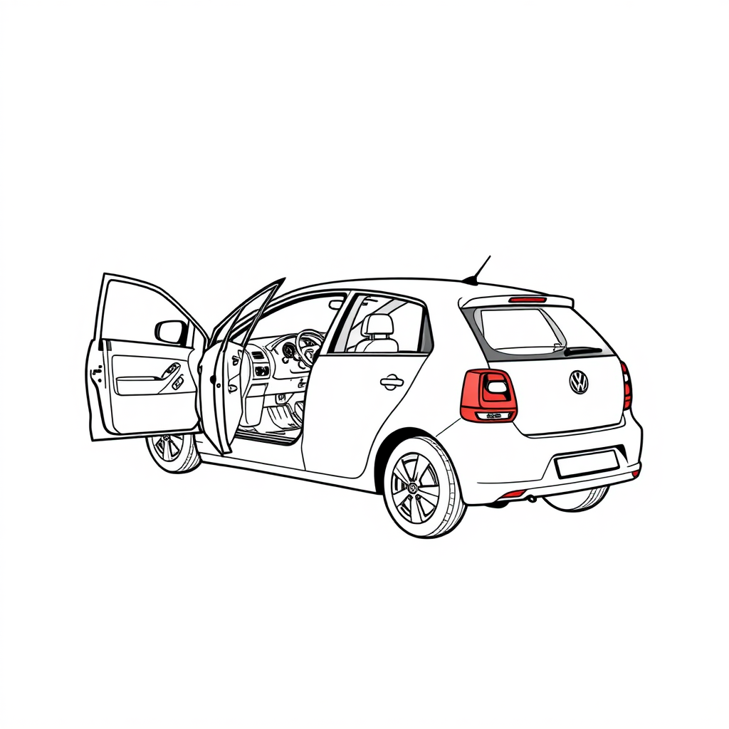 a white VW Polo V, driver door open  
long establishing shot, 2D, caricature, cartoon, Sketch lines, coloring book, coloring book style on white background, well composed, clean coloring book page, No dither, no gradient, strong outline, No fill, No solids, vector illustration, back side view, vector illustration, movement lines