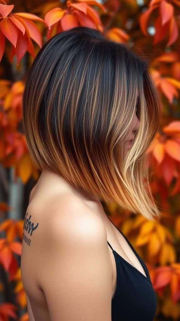 Bella Hadid with very short, straight layered hair, brown color with yellow highlights, against the background of autumn chestnut foliage, in high definition.