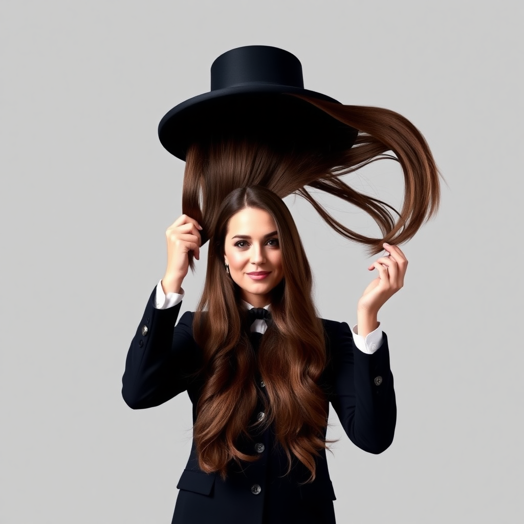 A surreal image of a magician holding up the disembodied head of a very long haired Kate Middleton. He is grabbing her very long hair and pulling it up high in the air, while her head is hanging by her hair from his grasp to display it to the camera. Plain gray background.