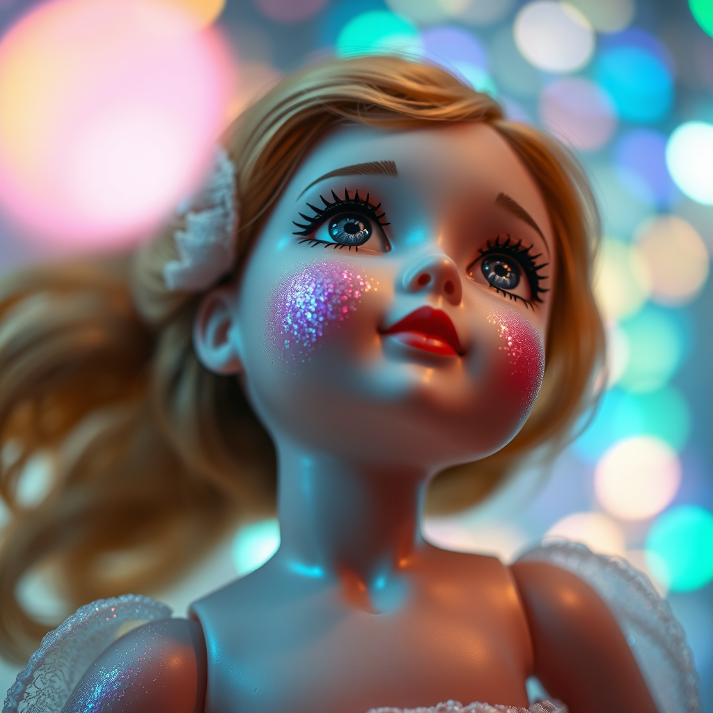 preteen artists doll, porcelain, looking up dreaming, Bokeh, abstract, brilliant colors, glittering, translucent, mother of pearl, opal, iridescent, natural skin, glowing, artistic photo, wide angle