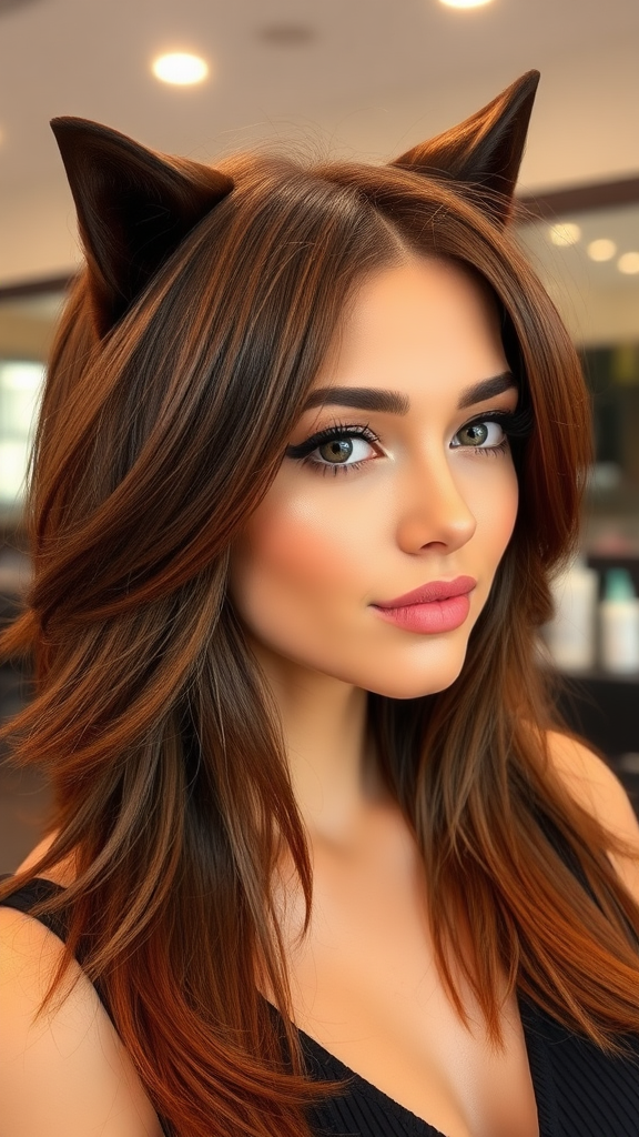 Beautiful model with a Wolf Cut hairstyle in brown color, in high definition, against the background of a hair salon.