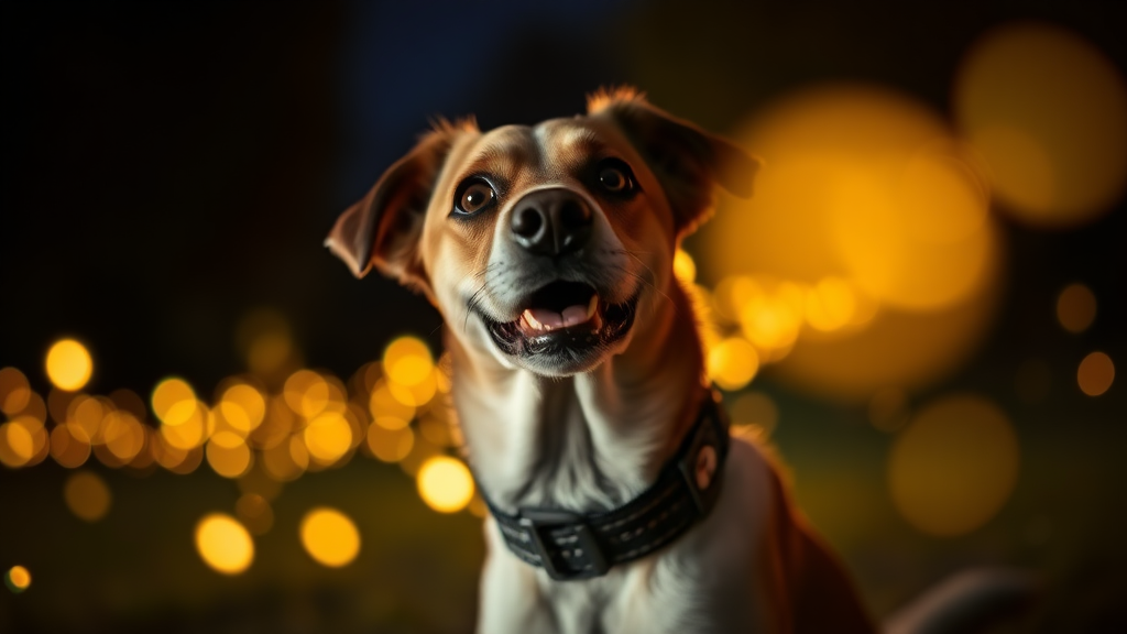 A dog wearing a collar named Rover at night with some fireflies around.