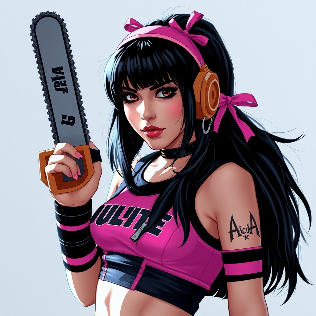 JULIET starling is an emo cheerleader with chainsaw and black hair.