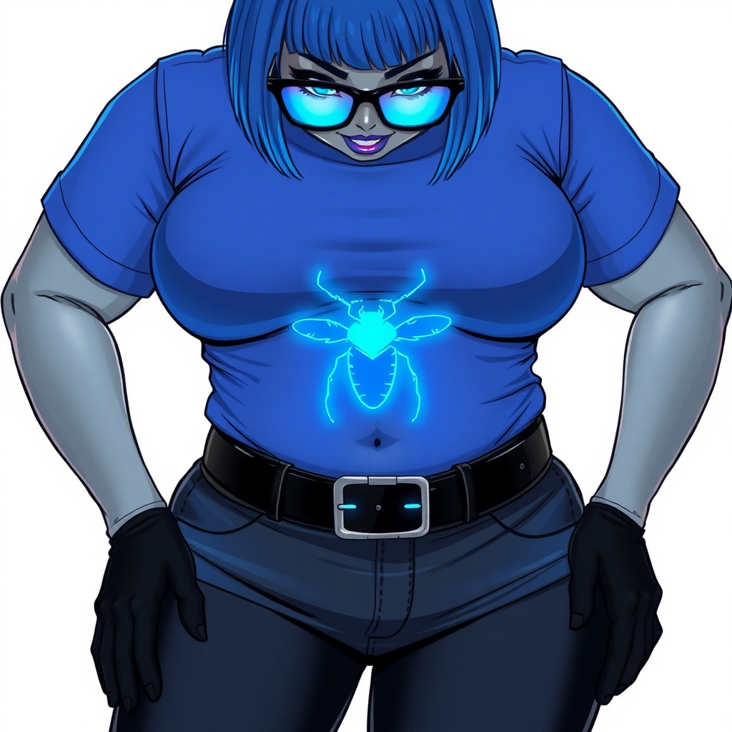 A 28-year-old, full-figured, metallic middle gray skinned cyberpunk computer program hybrid with a short maximum blue bob cut. She has a non-athletic build, highlighted by a prominent, round midsection (with a focus on her round belly). As a digital sidekick to her cyberpunk vigilante boyfriend, her middle gray metallic skin and maximum blue lipstick emphasize her digital nature. She wears a huge, tight-fitting, maximum blue t-shirt (accentuating her belly) with a neon blue glowing chest icon of a beetle, black pants, a black belt with a neon blue glowing beetle buckle, and black gloves. Her bright blue eyes, black eyeglasses with lenses glowing bright neon blue, and shy smile with neon red blush accentuate her nerdiness. She bashfully bows her head (while still facing the screen) with her hands behind her back, her t-shirt covers her midsection (especially her belly) and emphasizing her full-figured, non-athletic physique. She is on a solid white background. She is drawn as if she was in a retro 2D cyberpunk fighting game. She is clearly non-athletic, with a focus on her full figure. Make sure her outfit covers all of her bare skin (especially her midsection).