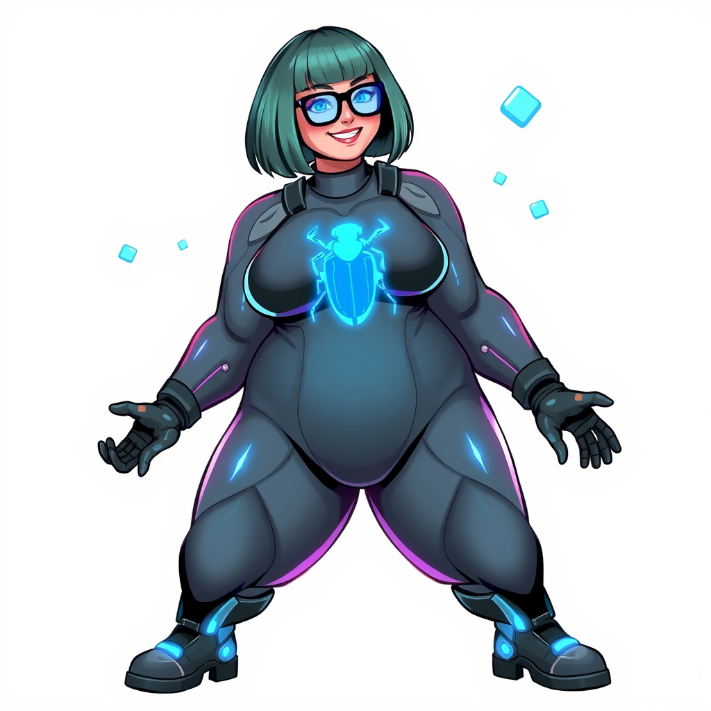 A heavily, extremely, and intensely pampered nerdy full-figured middle gray digital sidekick, a 28-year-old computer major, has been transformed by her doting vigilante boyfriend. Her distinct, metallic, middle gray skin and bob cut appear to blend together simulating computer data, and her neon blue eyes glow with intelligence. Her full-figured physique, now showcasing a large round midsection, thick limbs, and broad shoulders, contrasted by a slim face, clearly reflects her indulgence and pampering. Her full figure is prominently highlighted, with her prominent, large, round midsection and thick limbs emphasizing her pampered sidekick status. As the loyal and supportive sidekick, she plays a crucial role in their missions, using her digital prowess to assist and protect.

She wears a digital middle gray bodysuit with a neon blue glowing scarab beetle chest icon, digital middle gray boots with matching neon blue glowing scarab beetle themed accents, and matching high-tech gloves with matching accents. She bashfully giggles with a neon red blush, emitting neon blue data cubes from her body. Her full figure clearly shows how pampered she is. Her nerdiness is accentuated by her black oversized eyeglasses.

Her outfit, influenced by DC’s Jennifer Knight Phantom Lady, remains distinct. Adding to her pampering, she serves as his minicomputer, traveling in his high-tech wristwatch and supercar’s computer system. Using her ability to hack into computers and machines, she relays crucial knowledge relating to his missions.

Her prominent, large, rounded midsection and thick limbs are on full display, emphasizing her indulgence and pampering while maintaining her nerdy physique. She is on a solid white background. She is drawn as if she was in a retro 2D cyberpunk fighting game. Ensure her midsection is round.