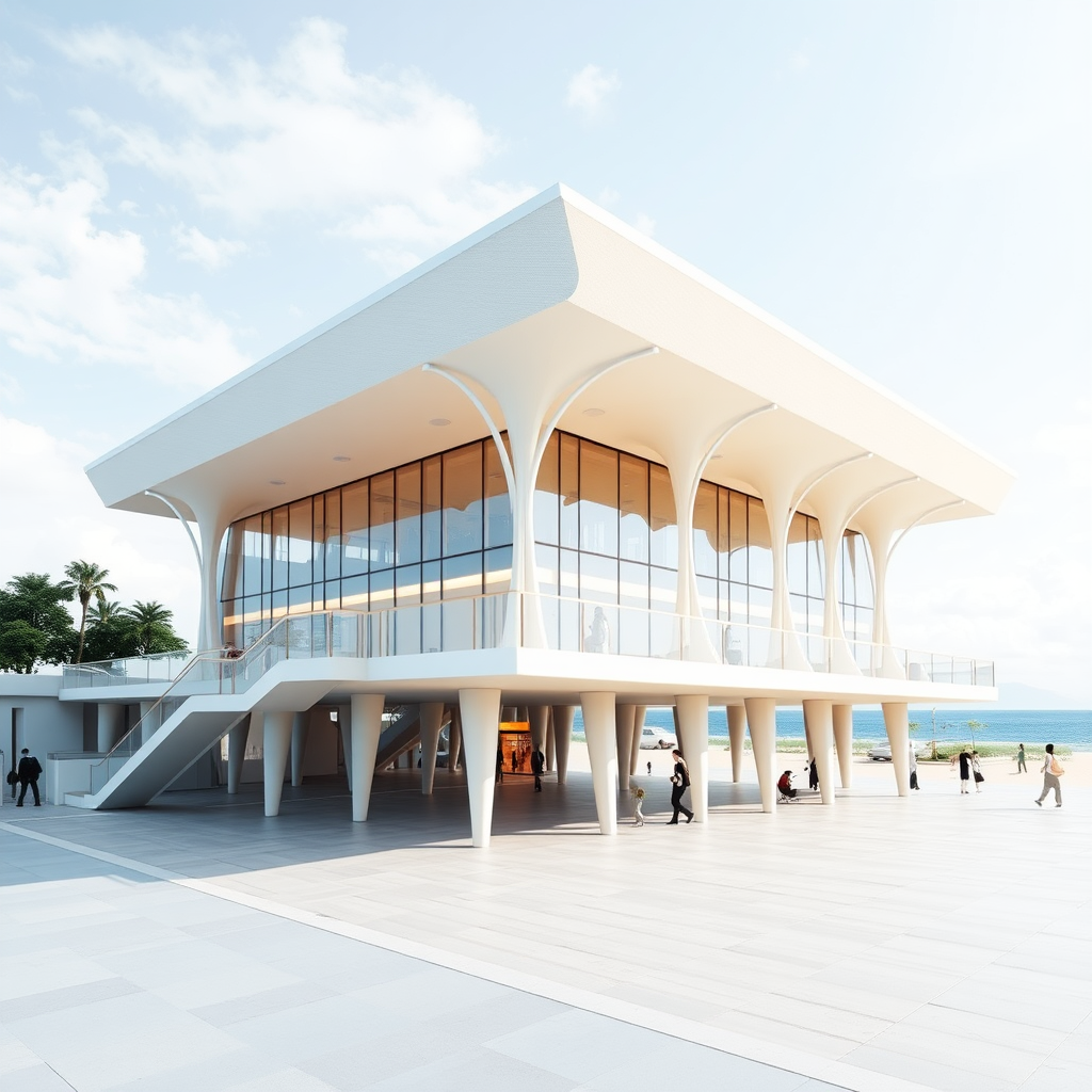 Concept design of a bus terminal inspired by Sendai Mediatheque  
Architect: Toyo Ito with stilt floor and staggered flooring with 2 storey structure. The bus terminal should be an open, fluid, public space with commercial space. The bus terminal has a beach on the west side. Architecture structural form.