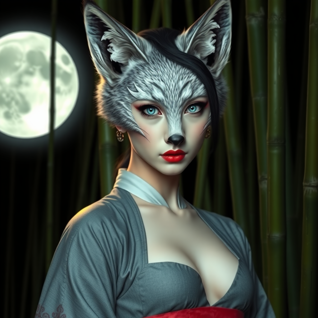 a scary look silver nine-tail-fox with blue eyes and the face of an Korean woman, dressed in a hanbok with one nude breast to see, in front the full moon in a bamboo forest