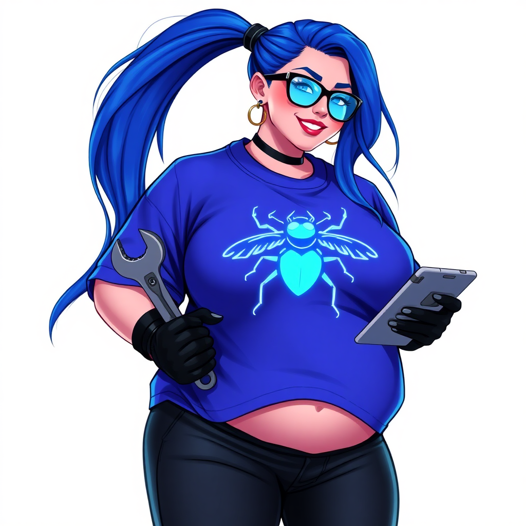 A 28-year-old, full-figured tech genius, she is the devoted girlfriend and sidekick of a cyberpunk vigilante. Her long, maximum blue ponytail and glowing sapphire eyes are striking features. Her prominent, round midsection, gigantic limbs, and broad shoulders define her full figure. As the loyal and supportive sidekick, she plays a crucial role in their missions, using her digital and technological prowess to assist and protect.

She wears an oversized maximum blue t-shirt with a glowing neon blue beetle chest icon, maximum blue lipstick, and black high-tech gloves. Her neon red blush and lovestruck smile are ever-present as she holds a futuristic wrench and a digital holographic tablet. Her full figure (especially her round midsection) shows how pampered she is by her doting boyfriend. She dutifully works in his hideout workshop and supercomputer. Her nerdiness is unmistakable, accentuated by her black oversized eyeglasses. She is on a solid white background. She serves as her boyfriend’s indispensable tech expert. She is drawn as if she was in a retro 2D cyberpunk fighting game. Make sure her oversized t-shirt covers her midsection.