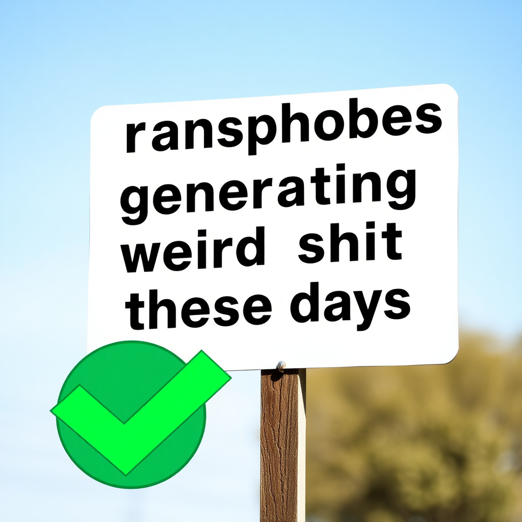 a sign saying "transphobes generating weird shit these days" and a logo of a pride flag icon under a green checkmark