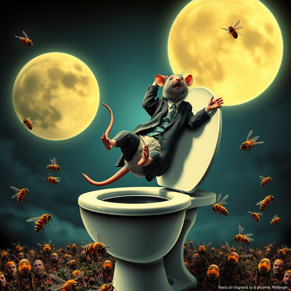 A rat politician diving off the moon into a toilet, bees, 2000s musical movie poster, no text, cyberpunk