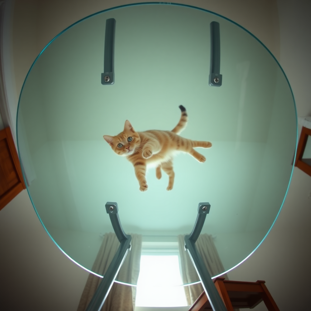 The camera is positioned directly underneath a transparent dining table, shooting vertically from below upwards, as a cat walks on the dining table.