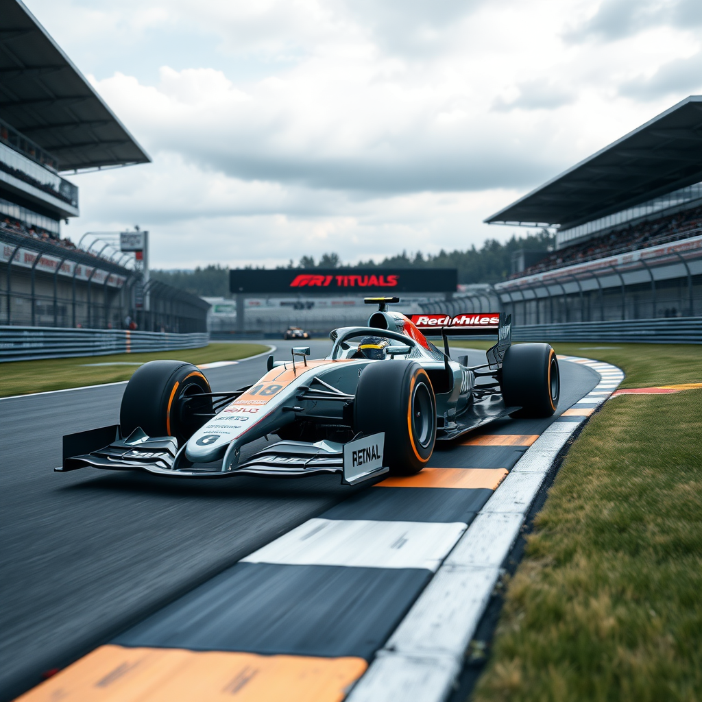 half F1 car coming from left in track photoshoot realistic